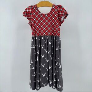 Charlies Project Red Plaid and Gray Deer Print Holiday Christmas Dress